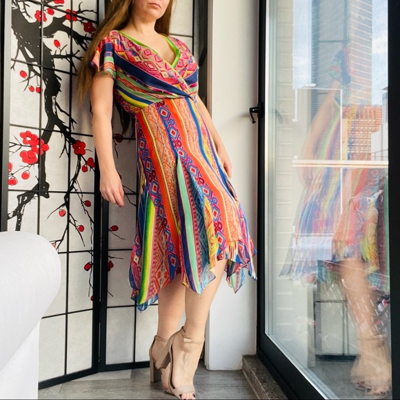 🚢Polo Ralph Lauren Multicolored Printed Silk Asymmetric Hem Detail Dress Tribal - Picture 4 of 17
